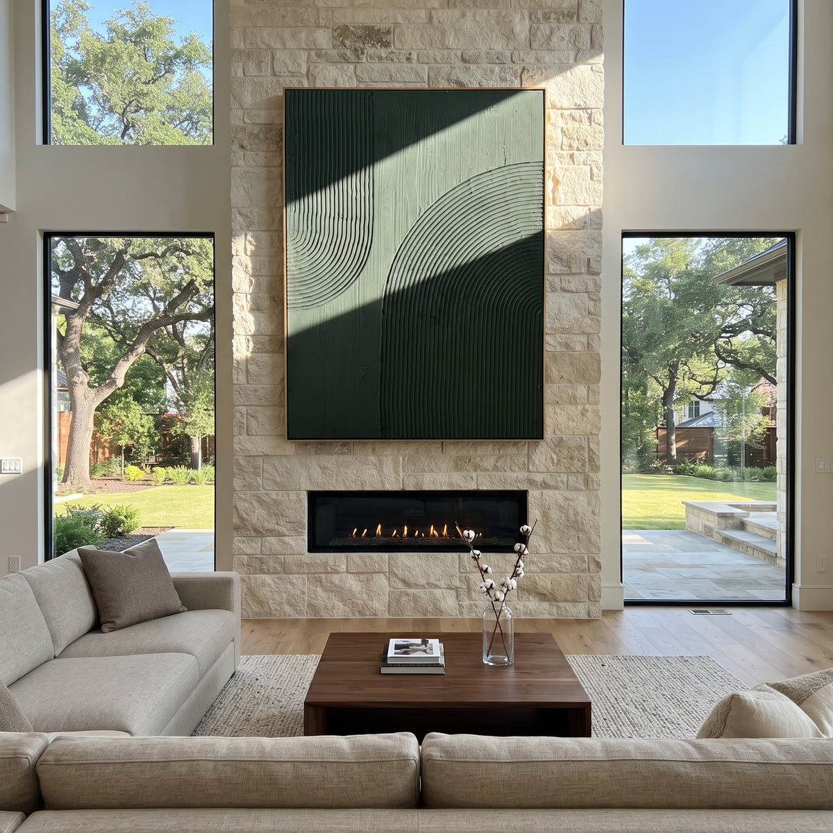 Verdant Onyx Slate Intervals Tension - textured abstract painting displayed in a styled interior