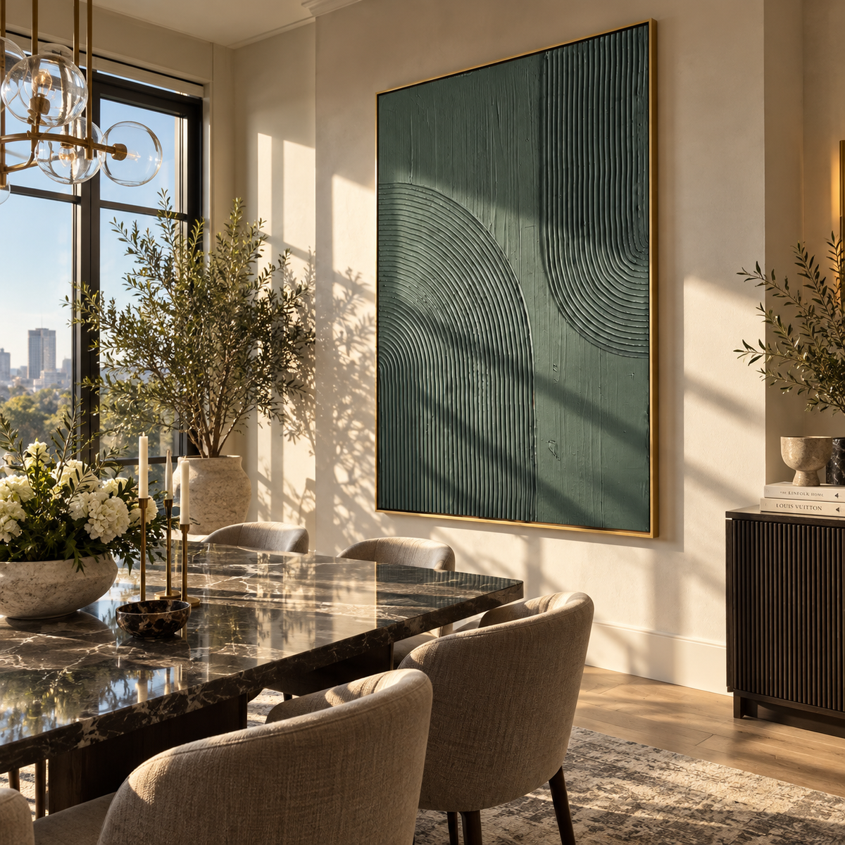Verdant Onyx Slate Drift Space - textured abstract painting displayed in a styled interior