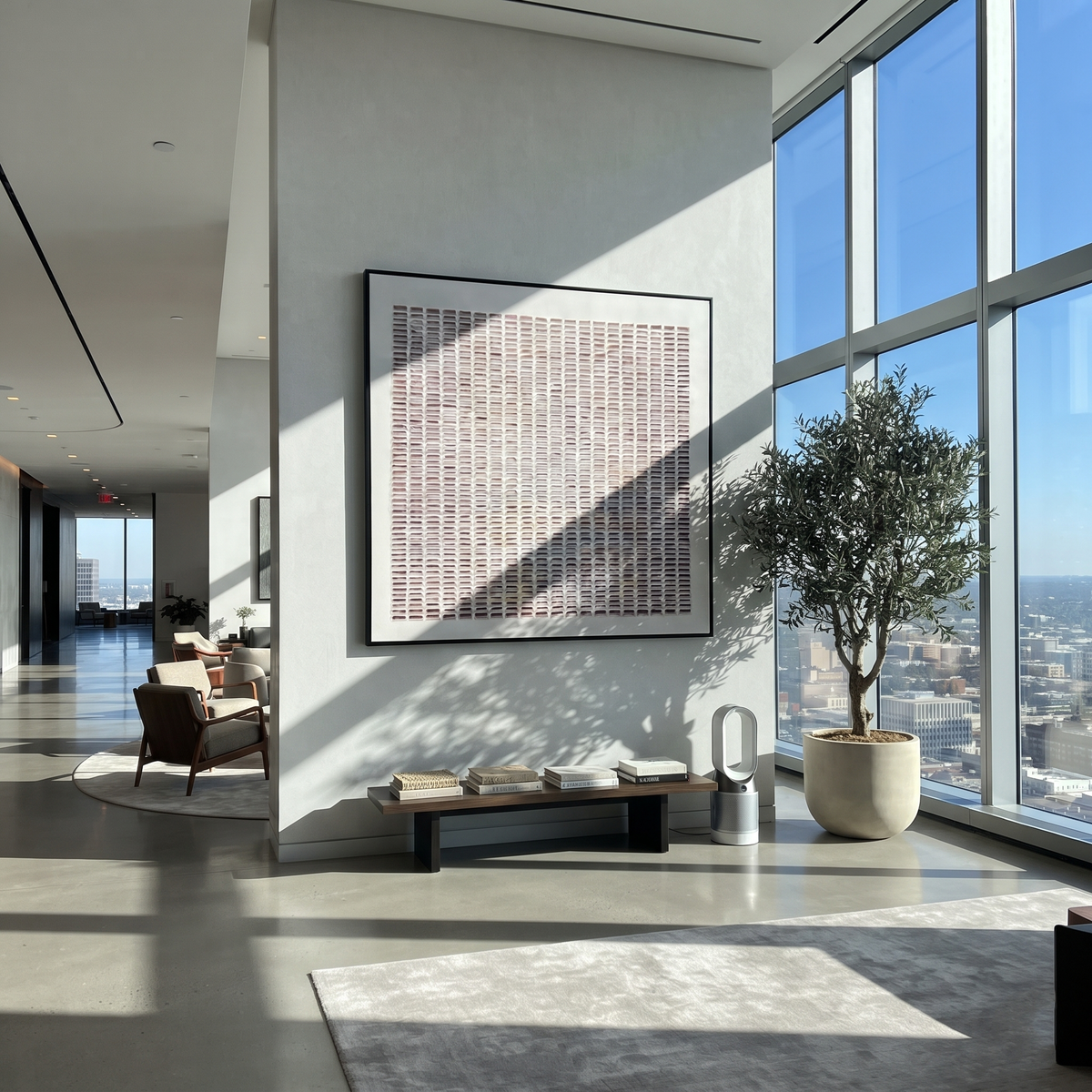 Slate Umber Crimson Contours Quiet - textured abstract painting displayed in a styled interior