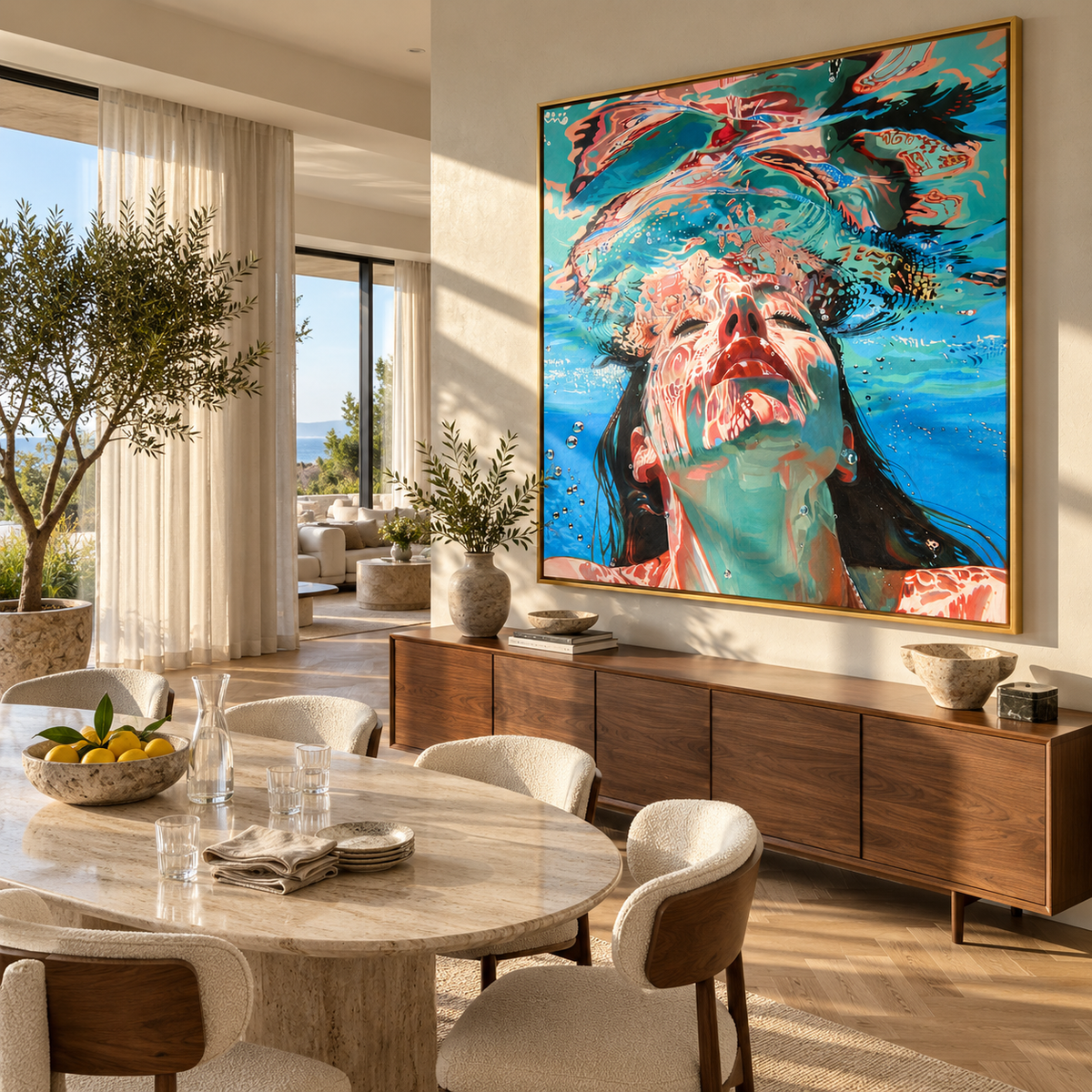 Azure Crimson Verdant Rhythm Depth - textured abstract painting displayed in a styled interior