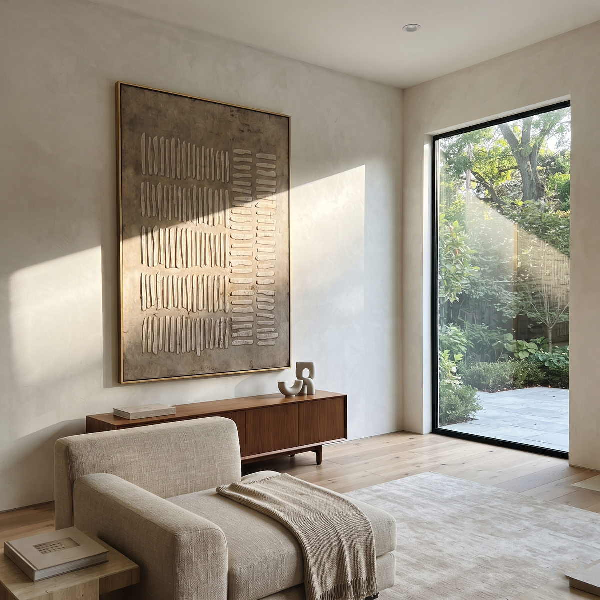 Umber Linen Onyx Strata Pause - textured abstract painting displayed in a styled interior