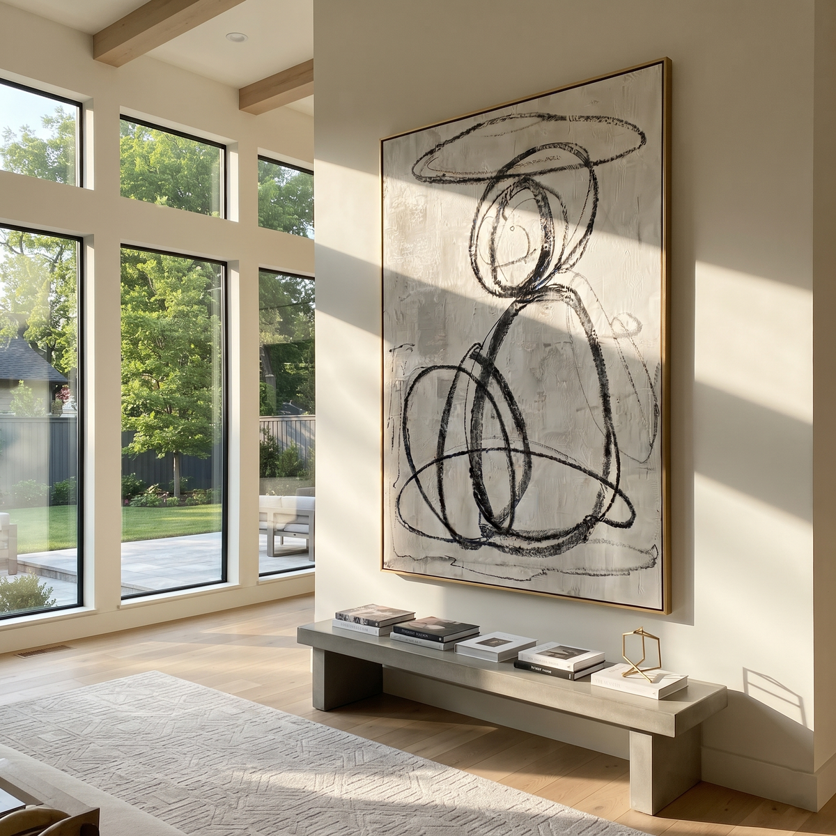 Slate Onyx Figures Horizon Resonance - textured figurative painting displayed in a styled interior
