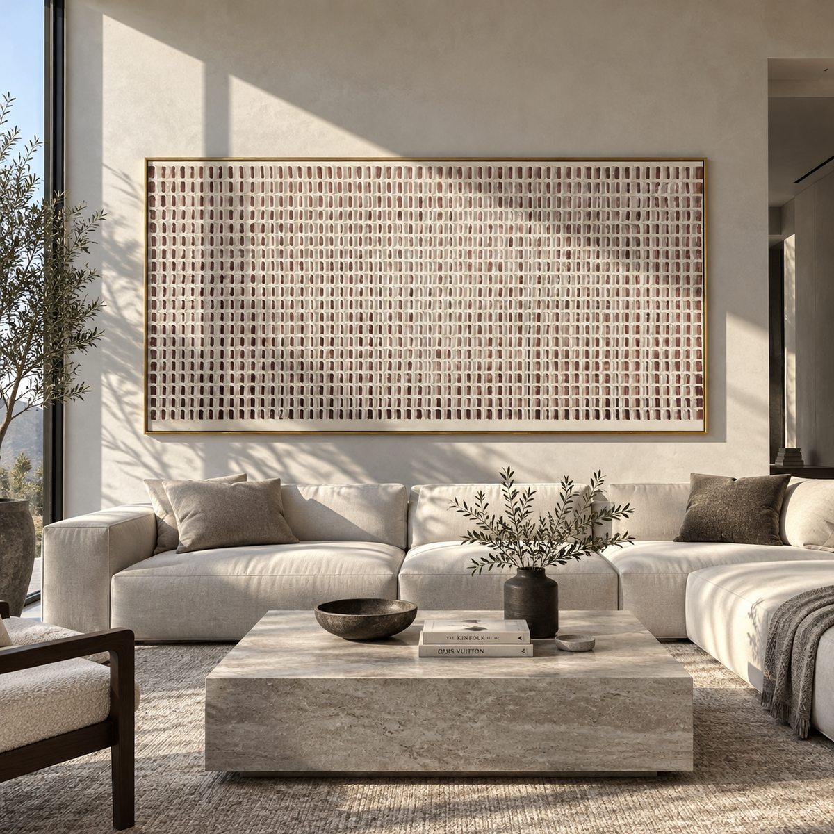 Ivory Slate Linen Field Stillness - textured abstract painting displayed in a styled interior