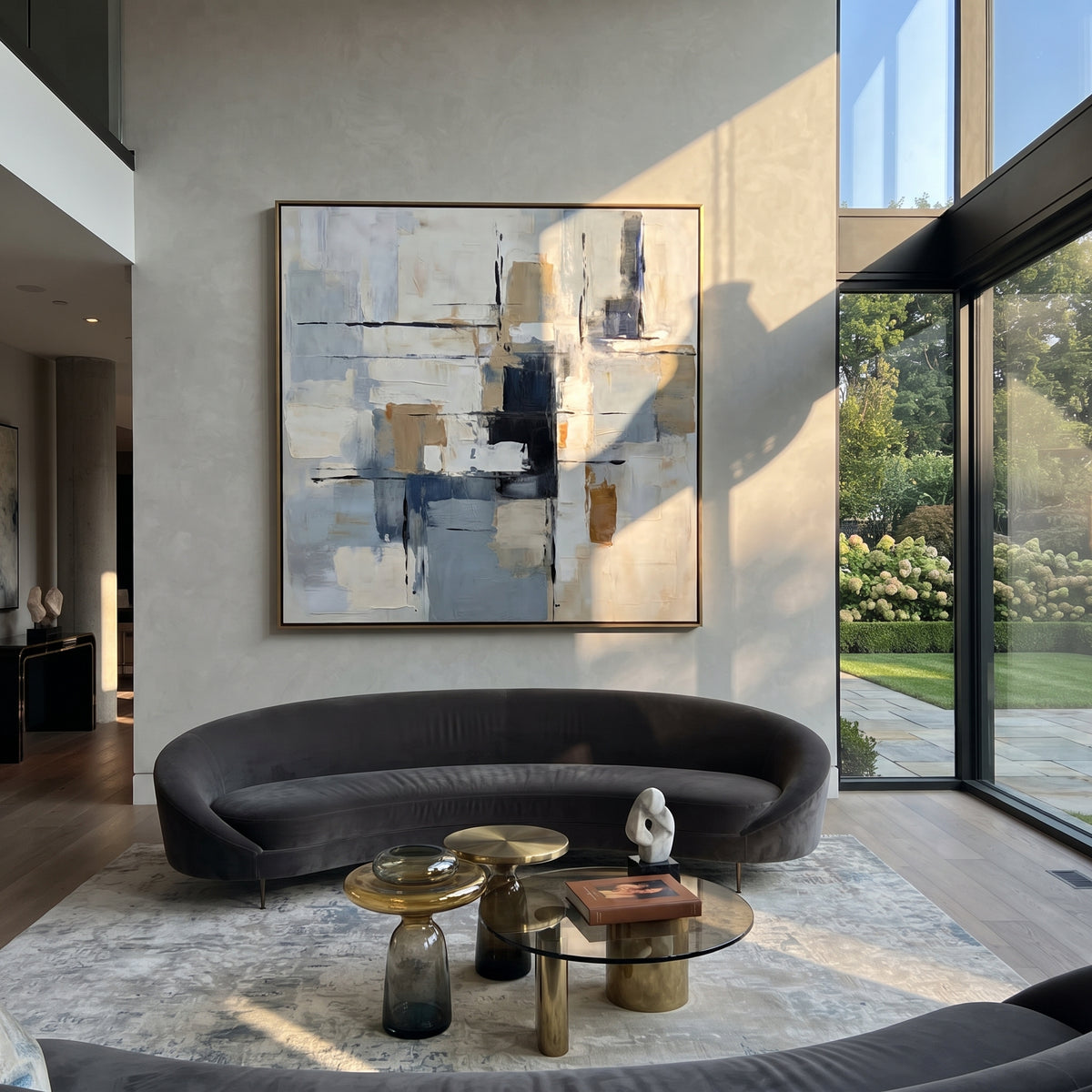 Slate Azure Linen Tides Rain - textured abstract painting displayed in a styled interior