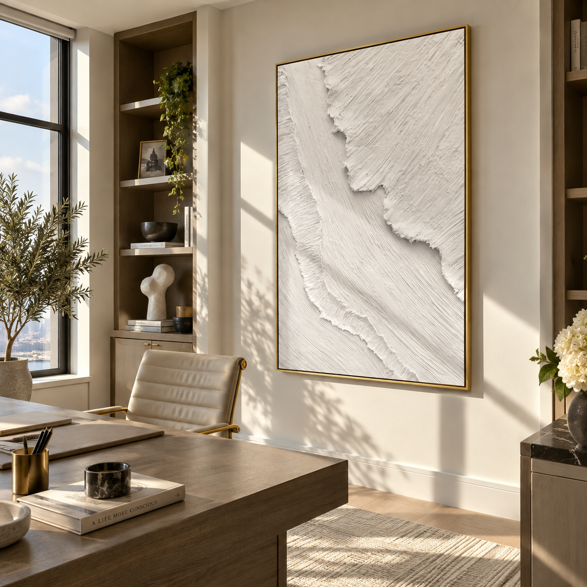 Slate Onyx Neutral Currents Cadence - textured abstract painting displayed in a styled interior