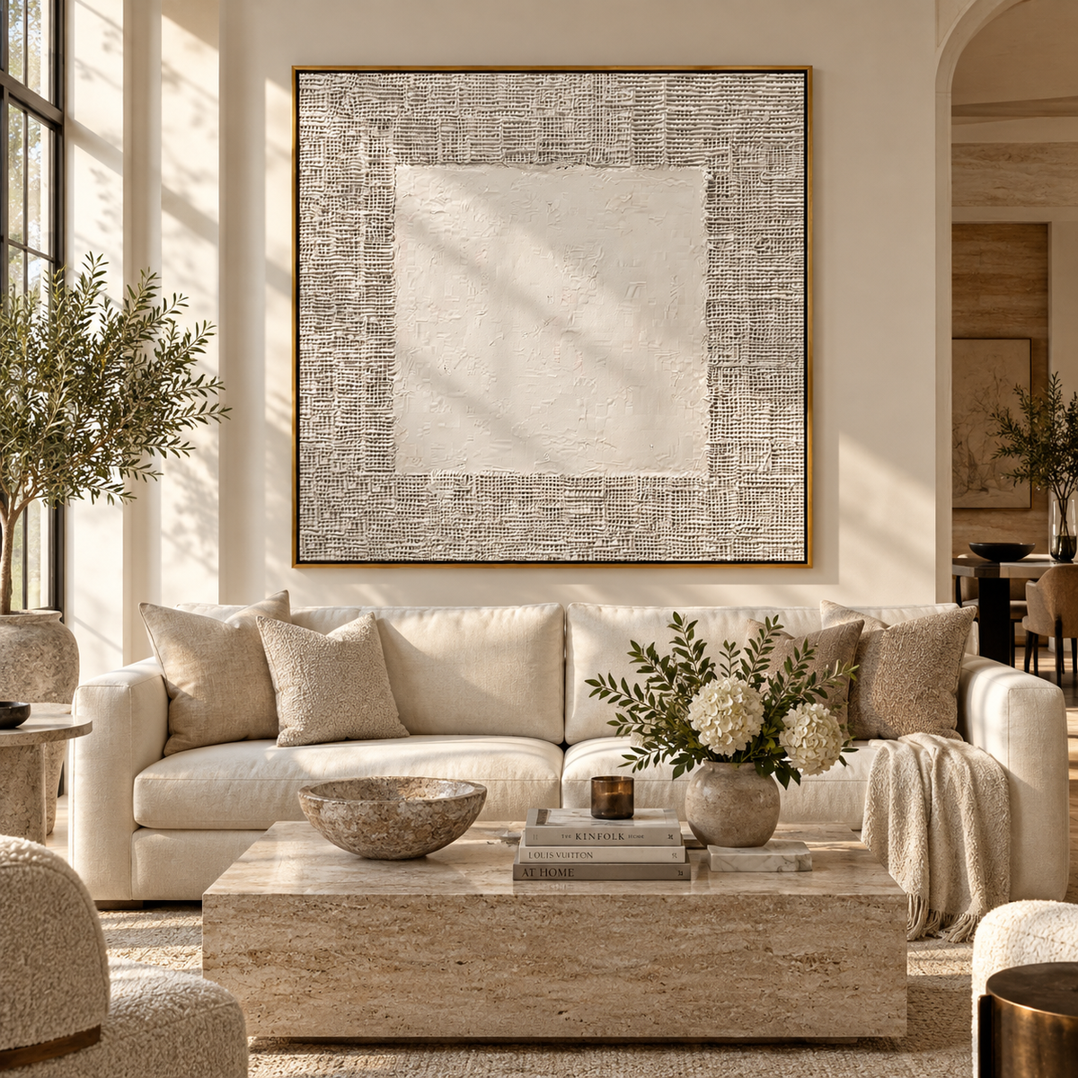 Slate Umber Linen Layers Dusk - textured abstract painting shown in modern room setting 2