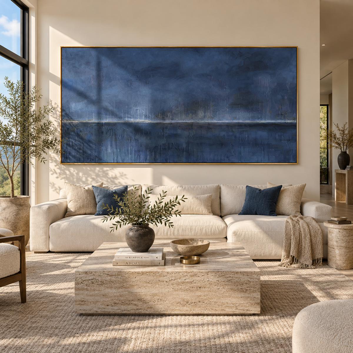 Azure Onyx Horizon Balance Interval - textured landscape painting displayed in a styled interior