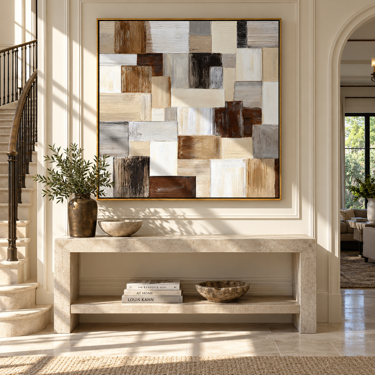 Slate Linen Umber Contours Tension - textured abstract painting displayed in a styled interior