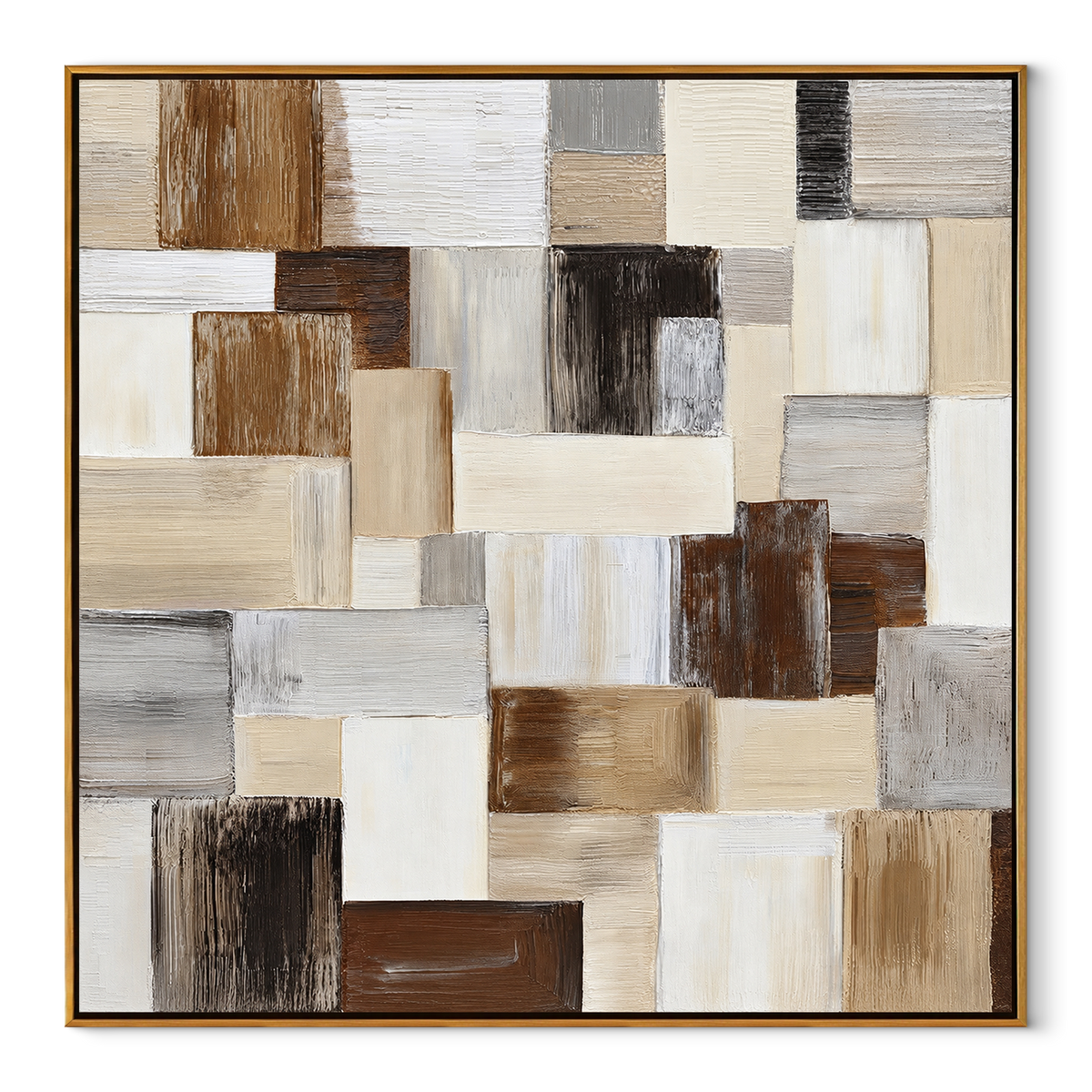 Slate Linen Umber Contours Tension - textured abstract painting in a wood frame on white