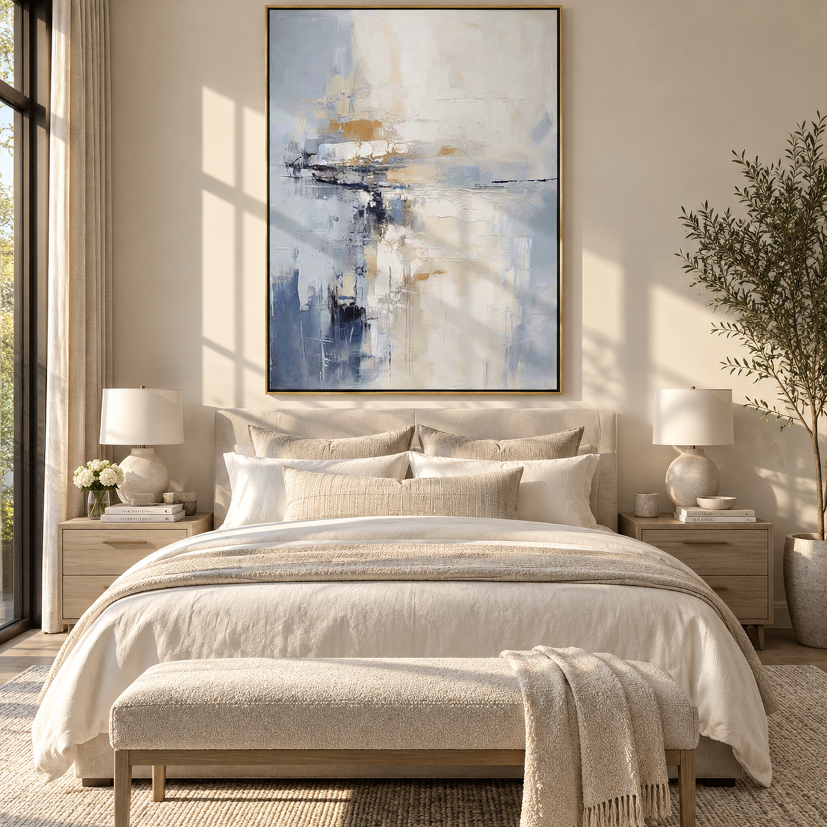 Slate Azure Horizon Echo Quiet - textured landscape painting displayed in a styled interior