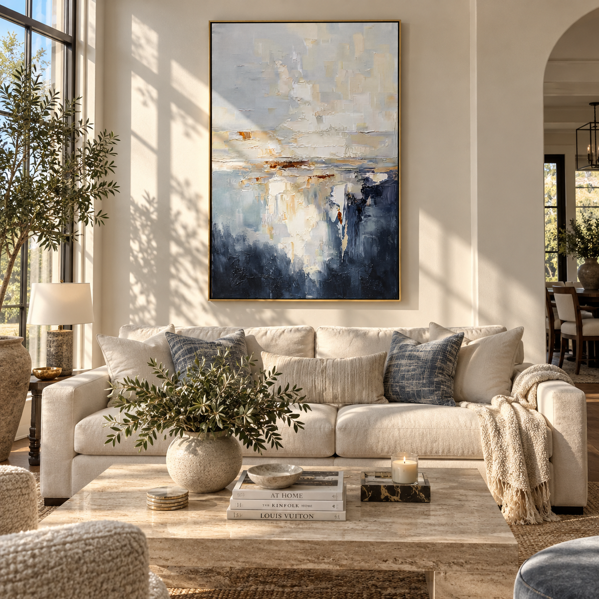 Slate Azure Horizon Rhythm Form - textured landscape painting displayed in a styled interior