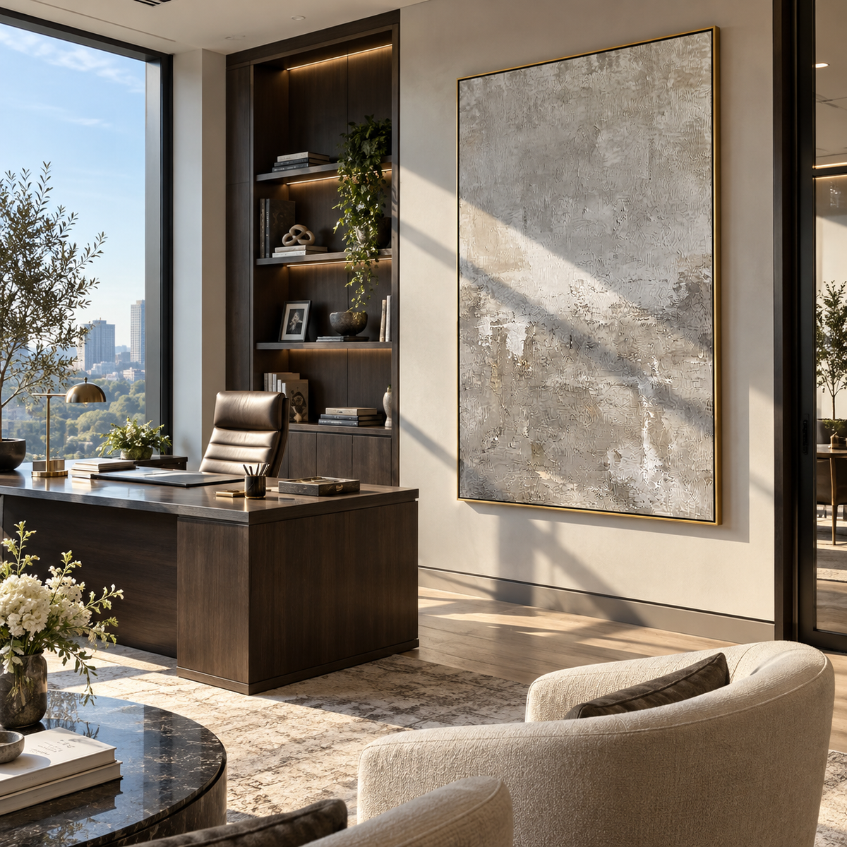 Slate Onyx Umber Relief Motion - textured abstract painting displayed in a styled interior