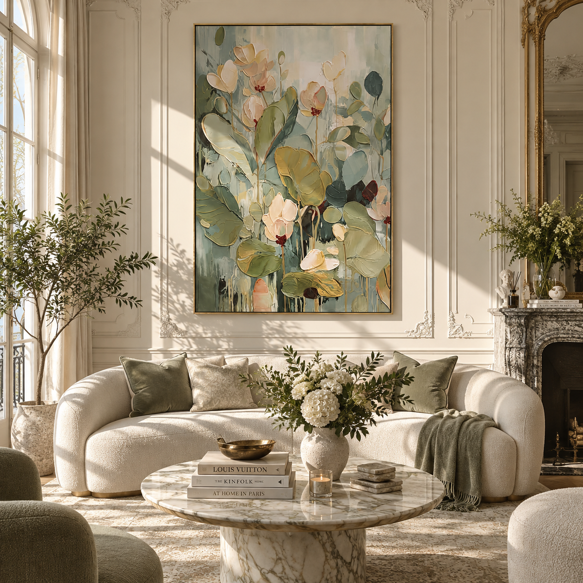Verdant Slate Gilded Strata Depth - textured abstract painting displayed in a styled interior