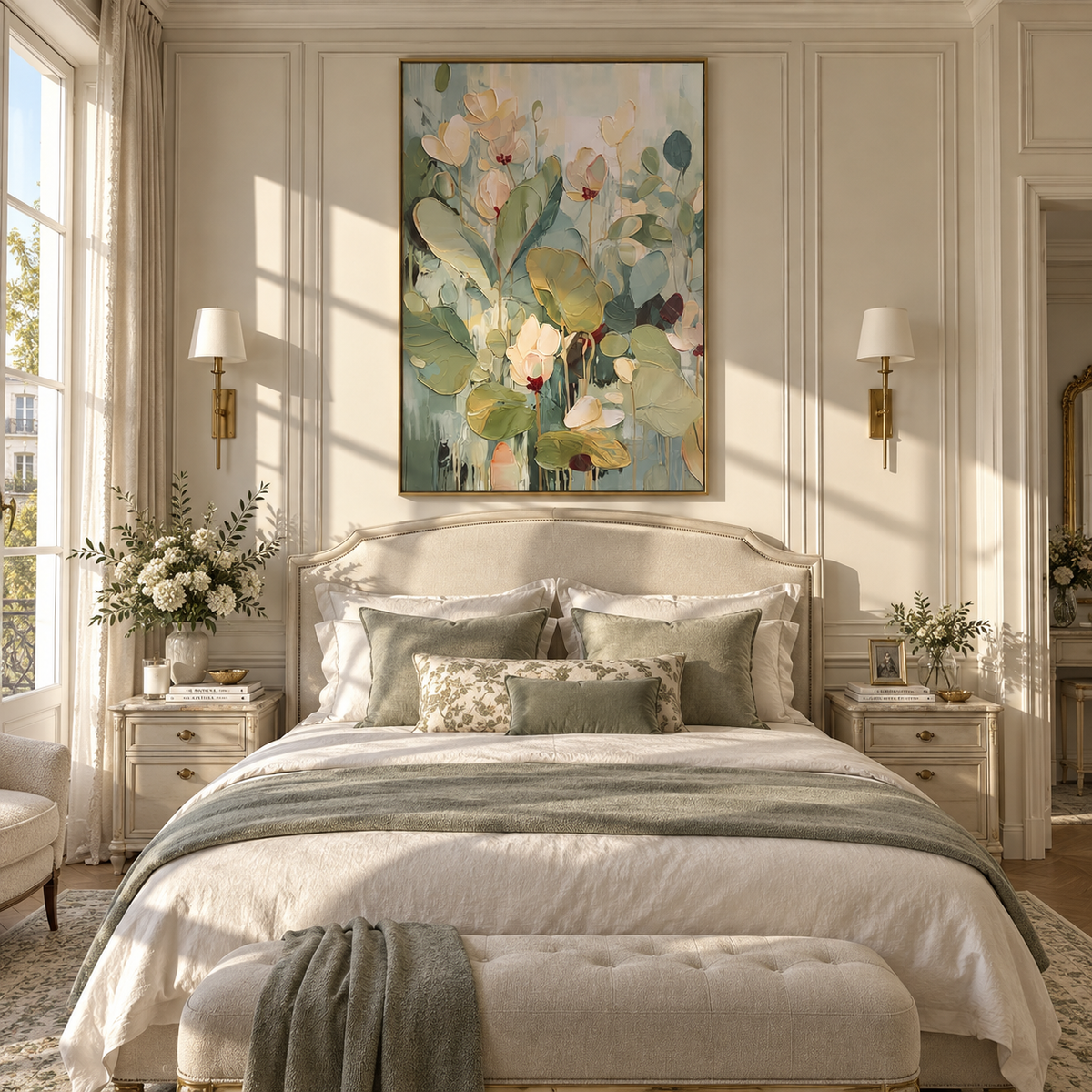 Verdant Slate Gilded Strata Depth - textured abstract painting shown in modern room setting 2