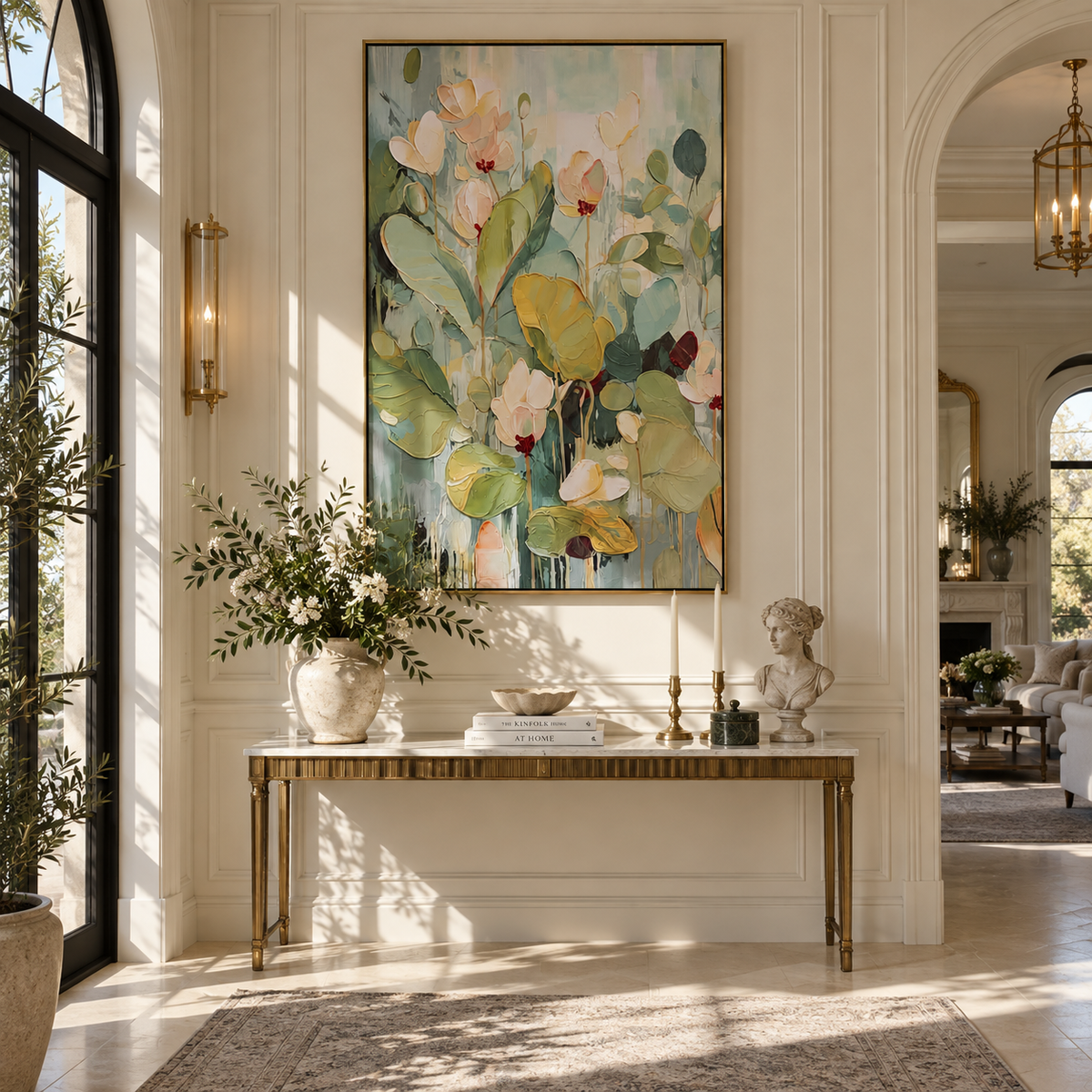 Verdant Slate Gilded Strata Depth - textured abstract painting shown in modern room setting 3