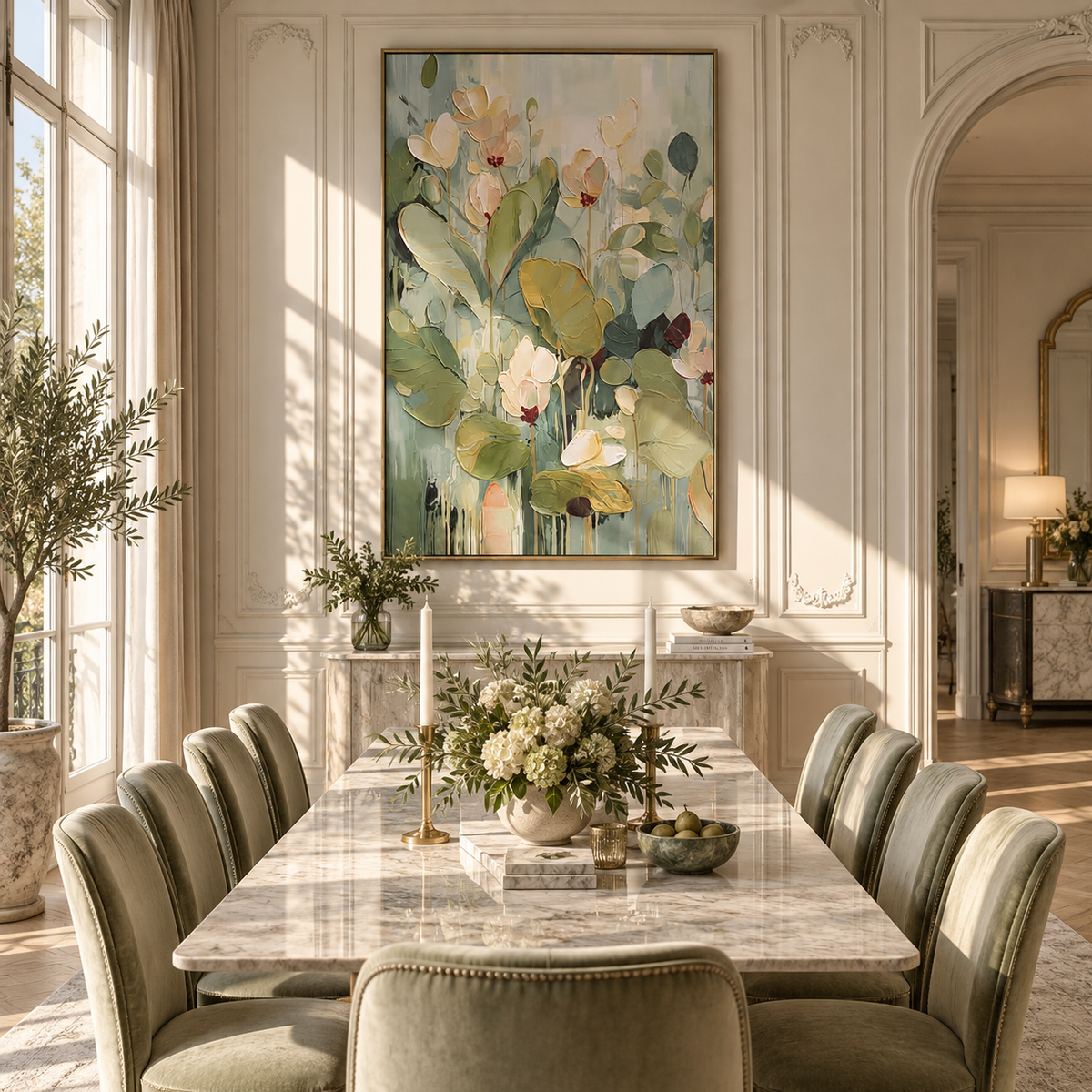 Verdant Slate Gilded Strata Depth - textured abstract painting shown in modern room setting 5