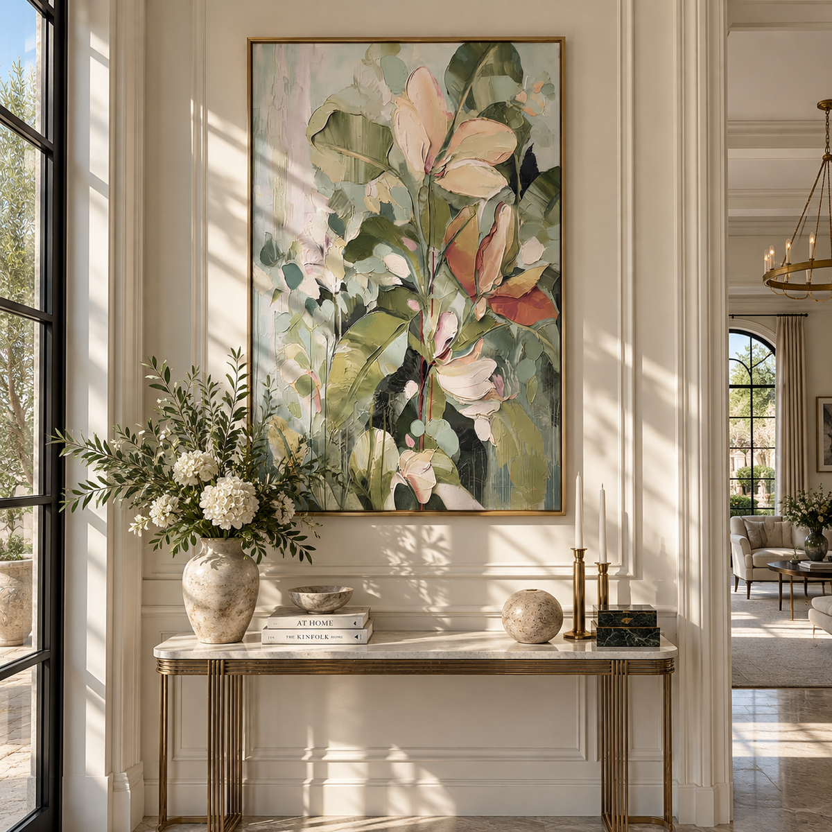 Slate Linen Verdant Terraces Silence - textured abstract painting displayed in a styled interior