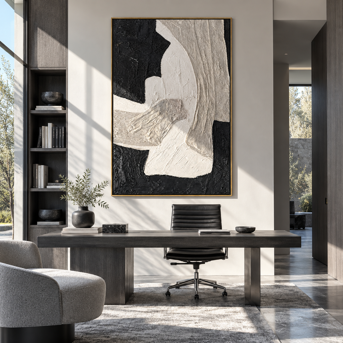 Slate Onyx Linen Horizon Pause - textured abstract painting displayed in a styled interior