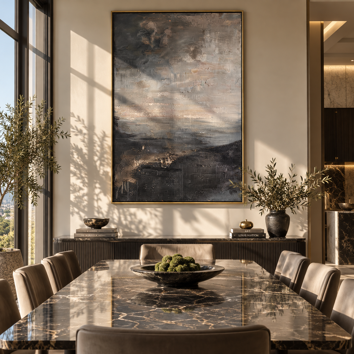 Slate Onyx Horizon Fragments Balance - textured landscape painting displayed in a styled interior