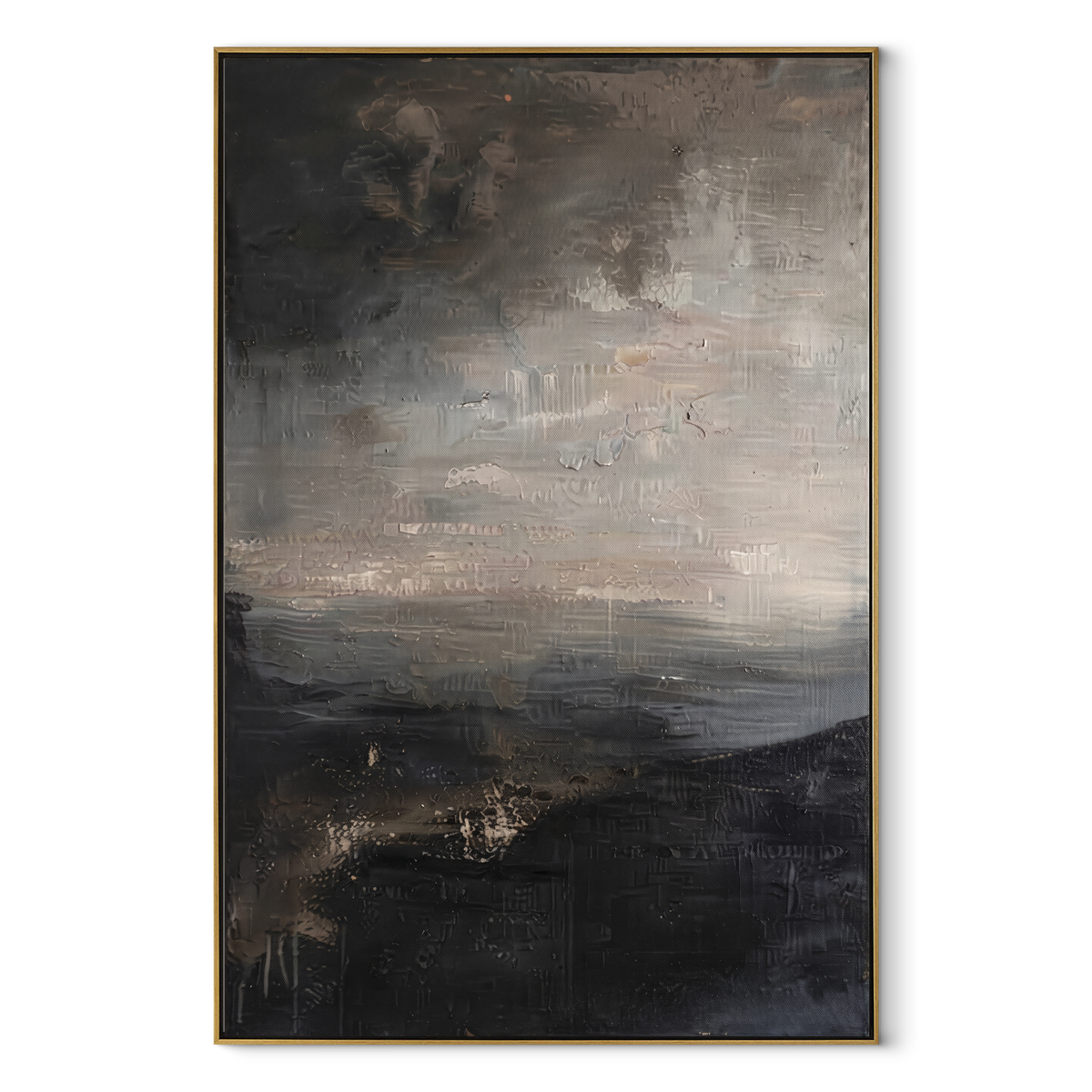 Slate Onyx Horizon Fragments Balance - textured landscape painting in a wood frame on white