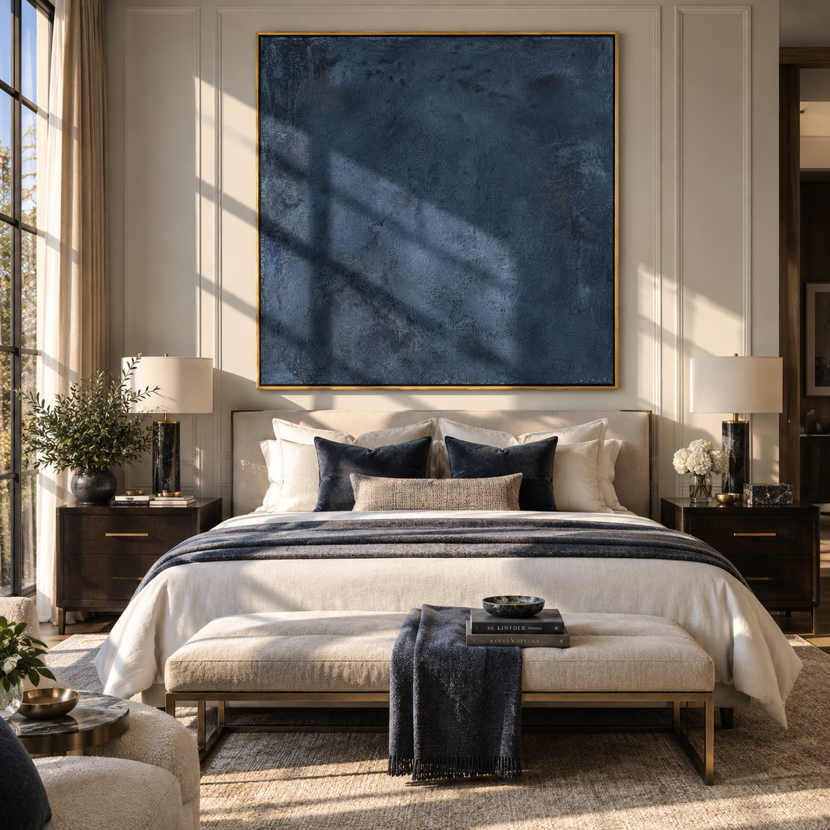 Azure Onyx Neutral Field Resonance - textured abstract painting displayed in a styled interior