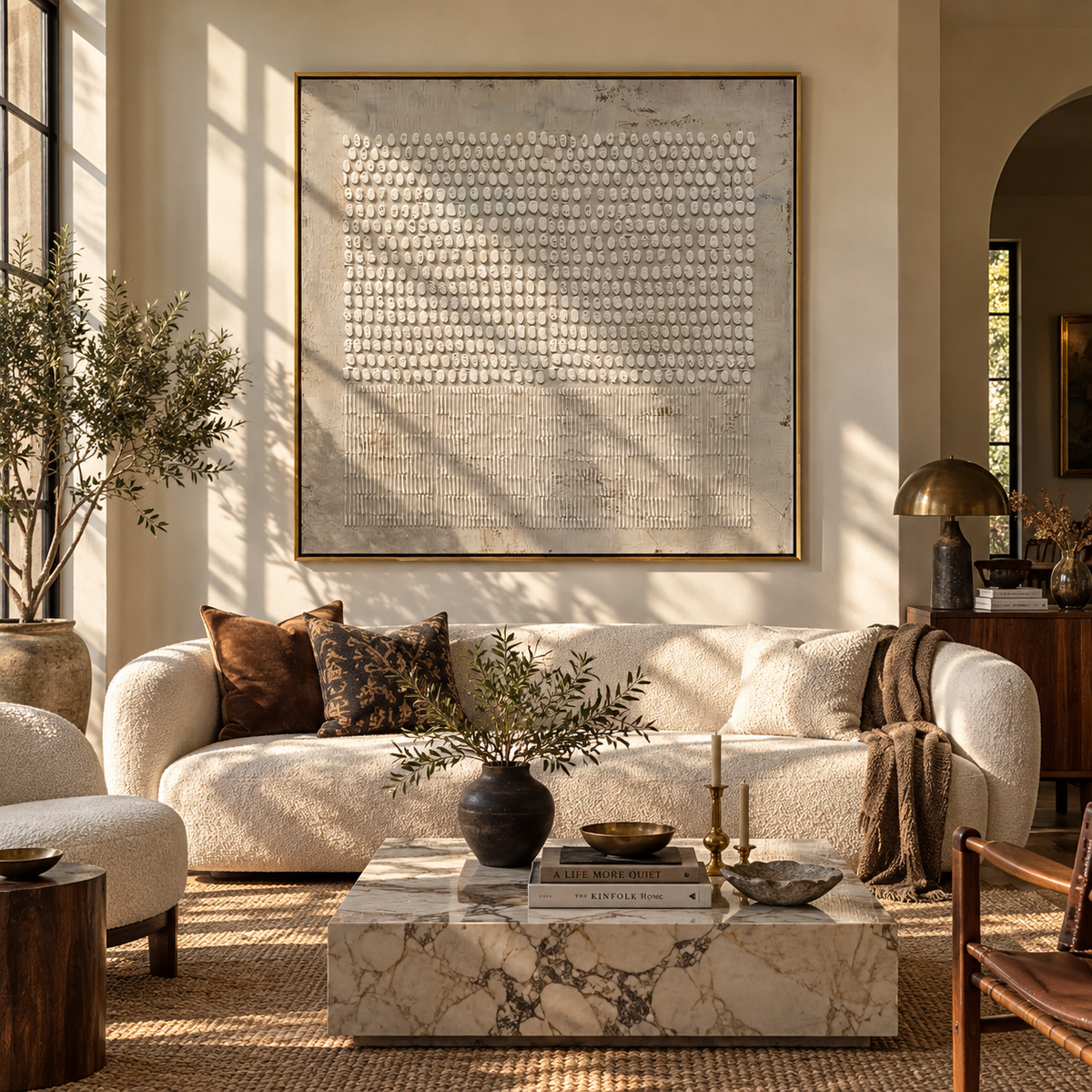 Linen Slate Umber Passage Calm - textured abstract painting displayed in a styled interior