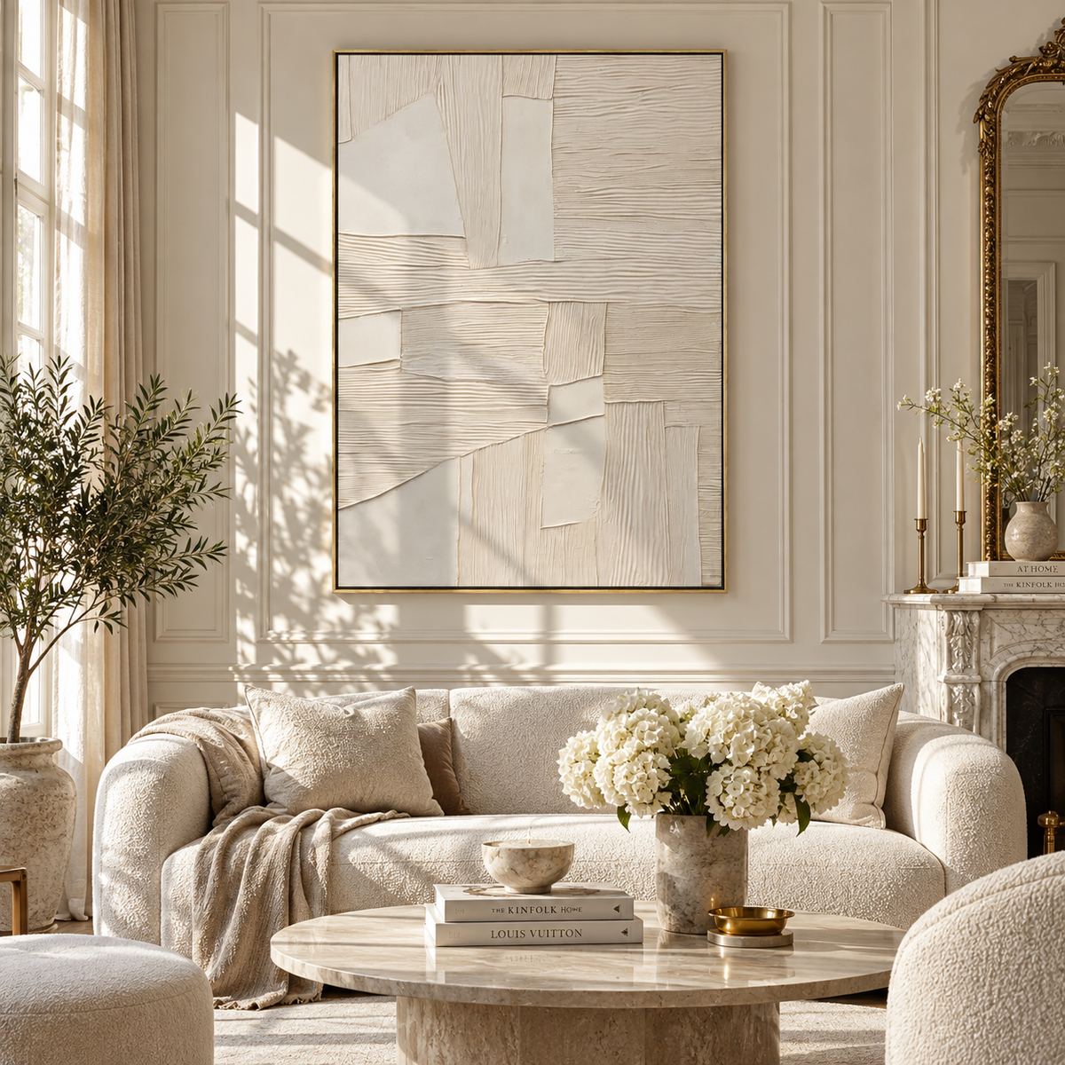 Slate Linen Onyx Tides Stillness - textured abstract painting displayed in a styled interior