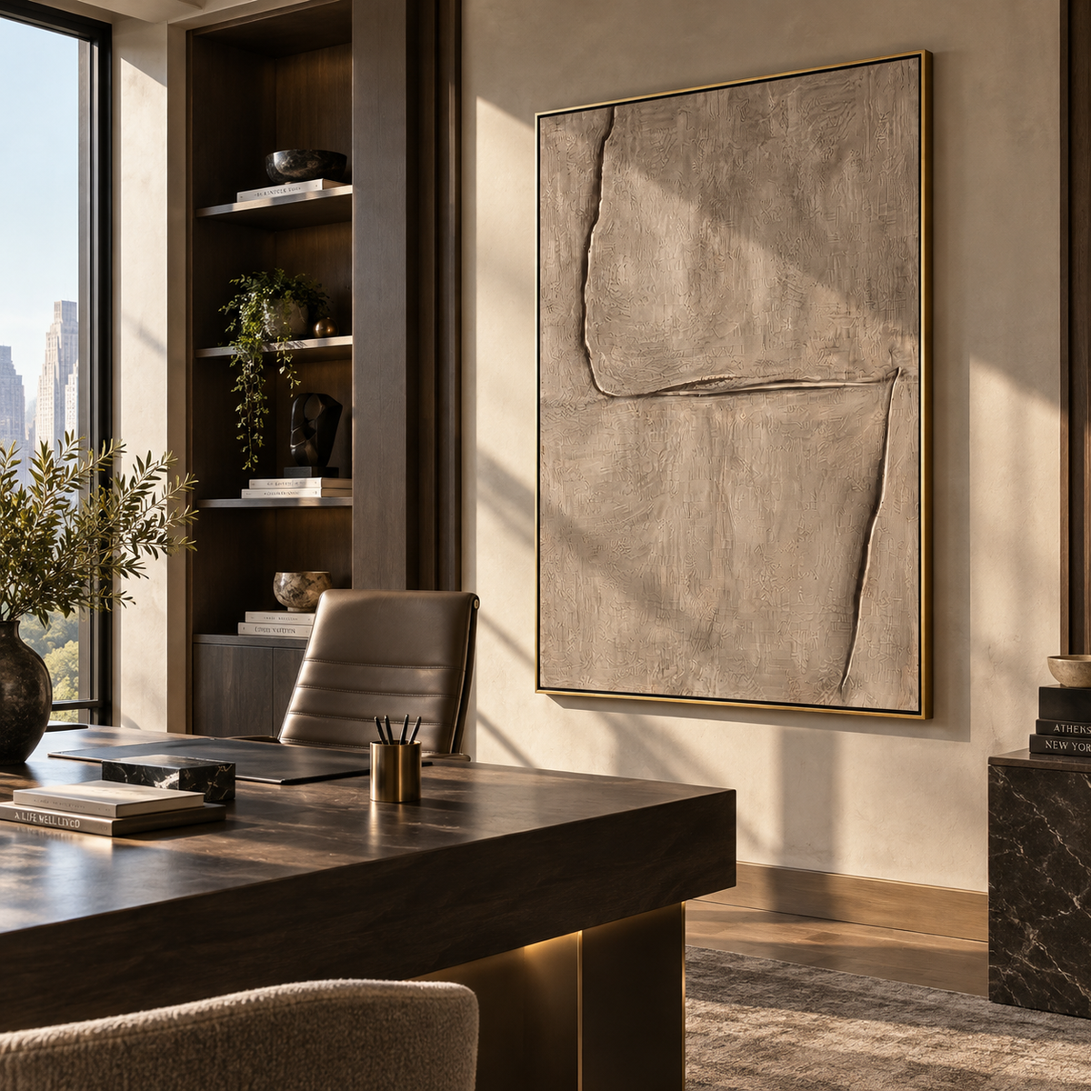 Umber Linen Onyx Currents Air - textured abstract painting displayed in a styled interior