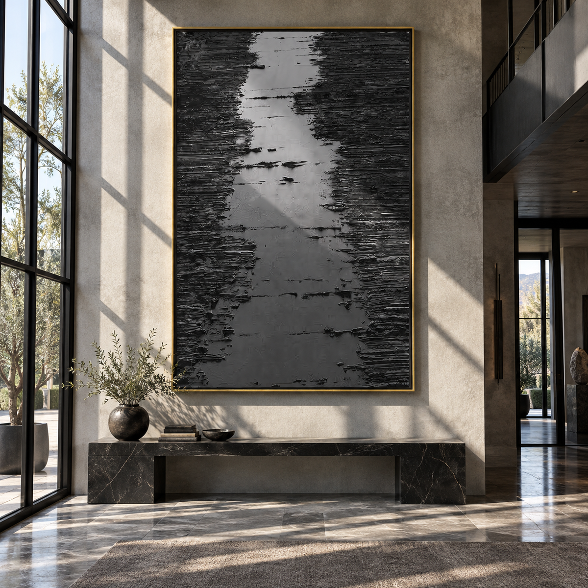 Slate Onyx Azure Balance Cadence - textured abstract painting displayed in a styled interior