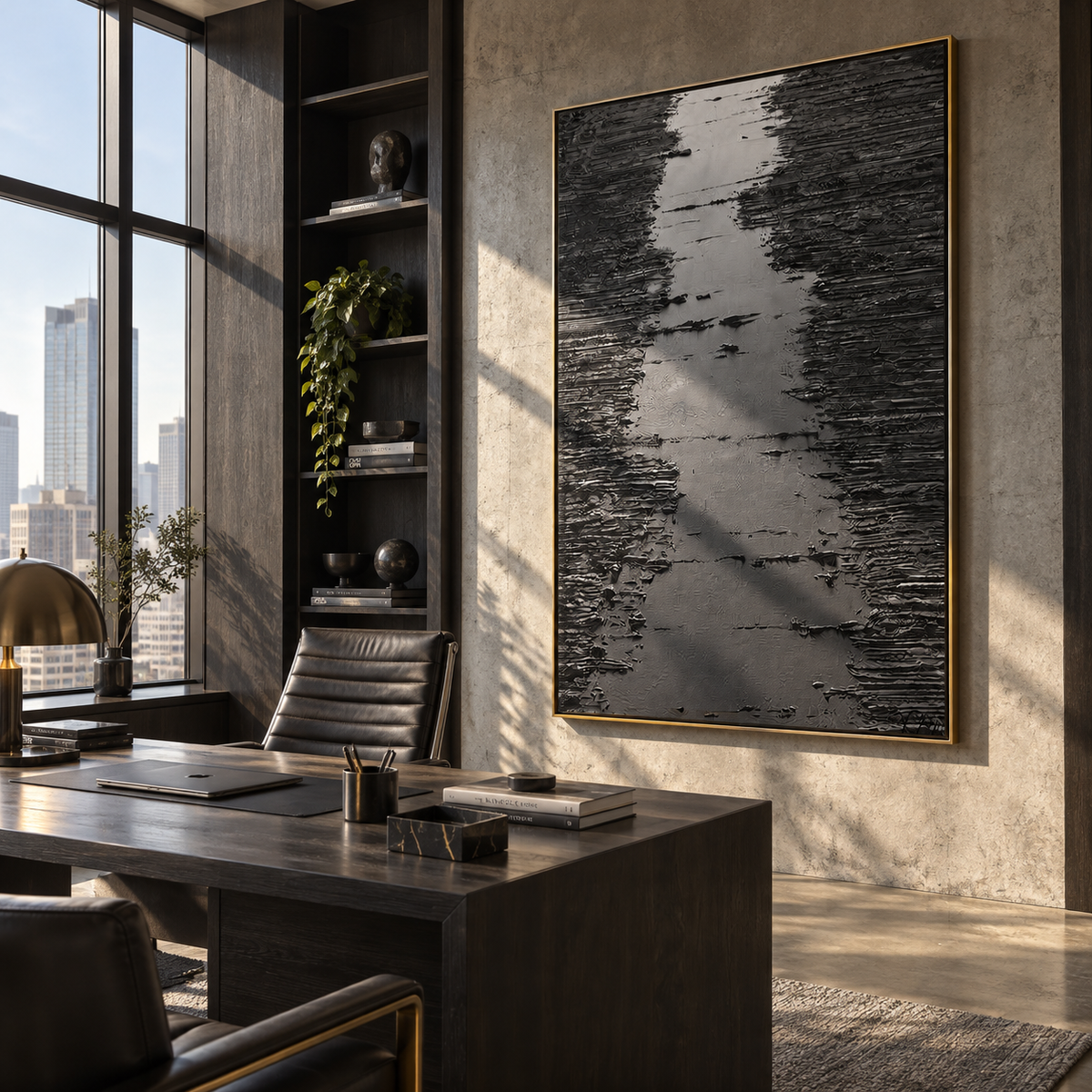 Slate Onyx Azure Balance Cadence - textured abstract painting shown in modern room setting 2