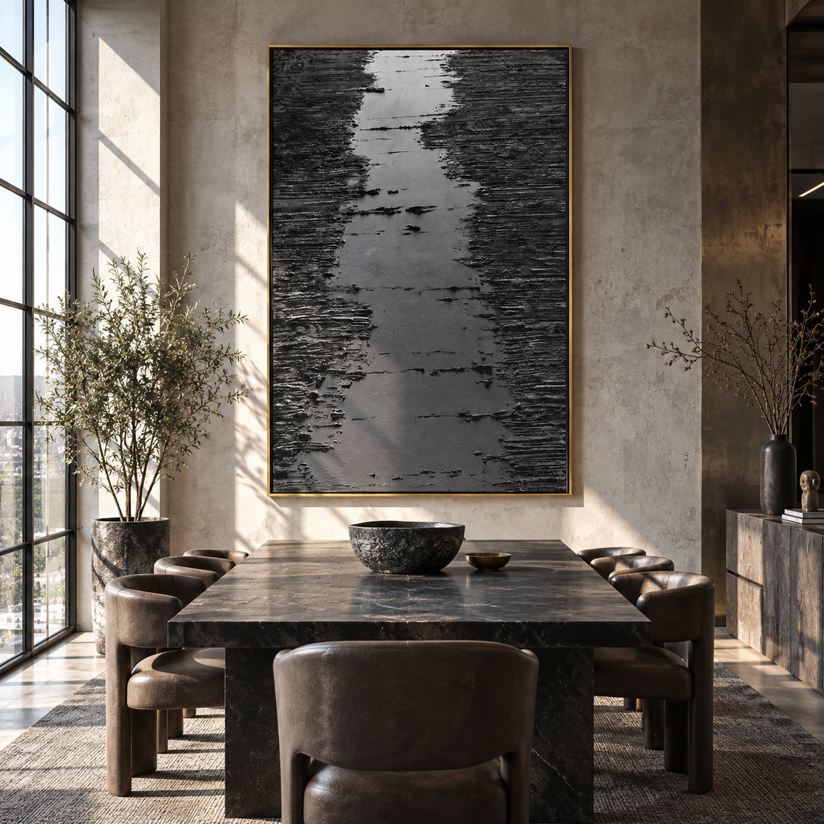 Slate Onyx Azure Balance Cadence - textured abstract painting shown in modern room setting 3