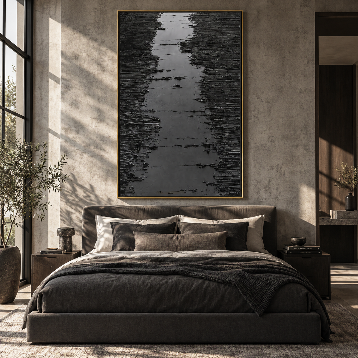 Slate Onyx Azure Balance Cadence - textured abstract painting shown in modern room setting 5
