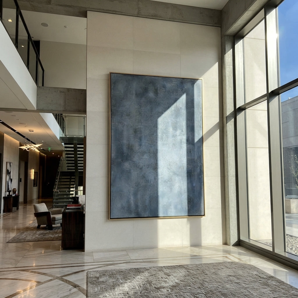 Azure Onyx Linen Intervals Dusk - textured abstract painting displayed in a styled interior