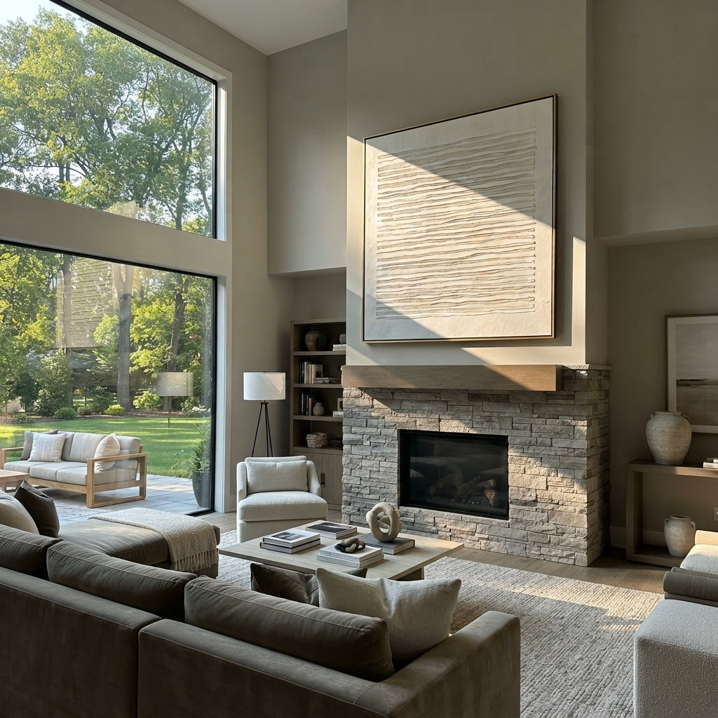 Slate Linen Gilded Drift Interval - textured abstract painting displayed in a styled interior