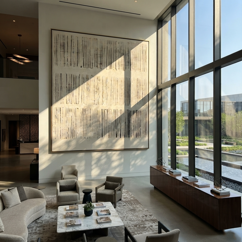 Linen Slate Umber Crossing Light - textured abstract painting shown in modern room setting 2