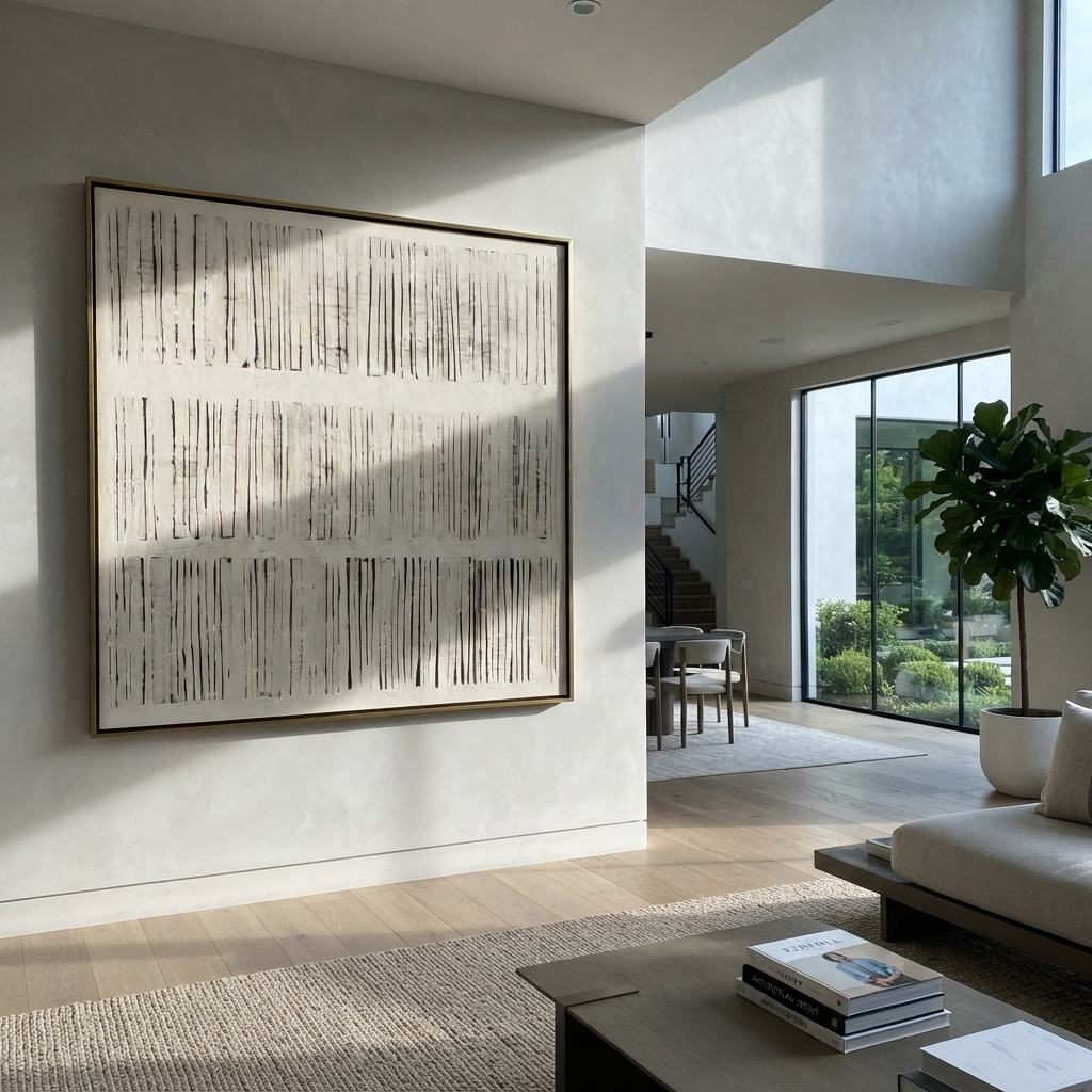 Linen Slate Umber Crossing Light - textured abstract painting shown in modern room setting 3