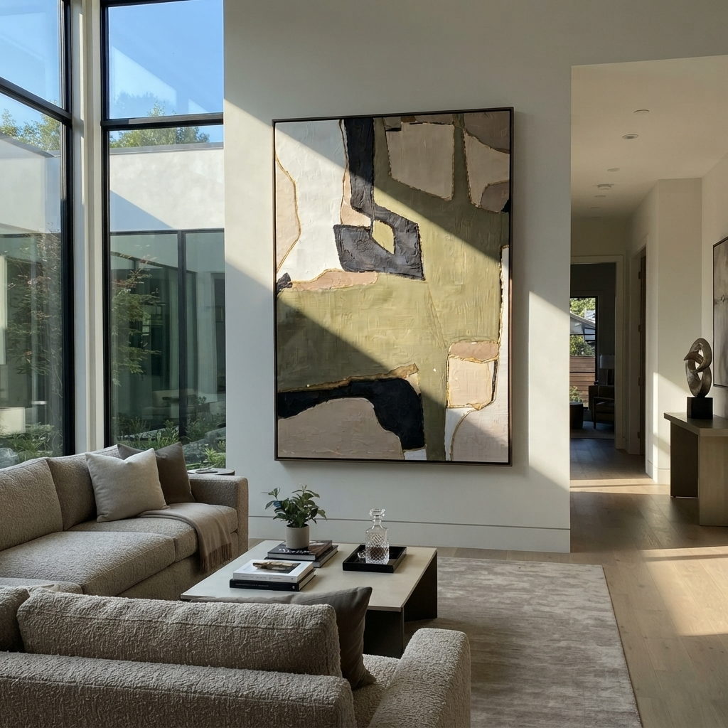 Gilded Slate Linen Echo Tension - textured abstract painting displayed in a styled interior
