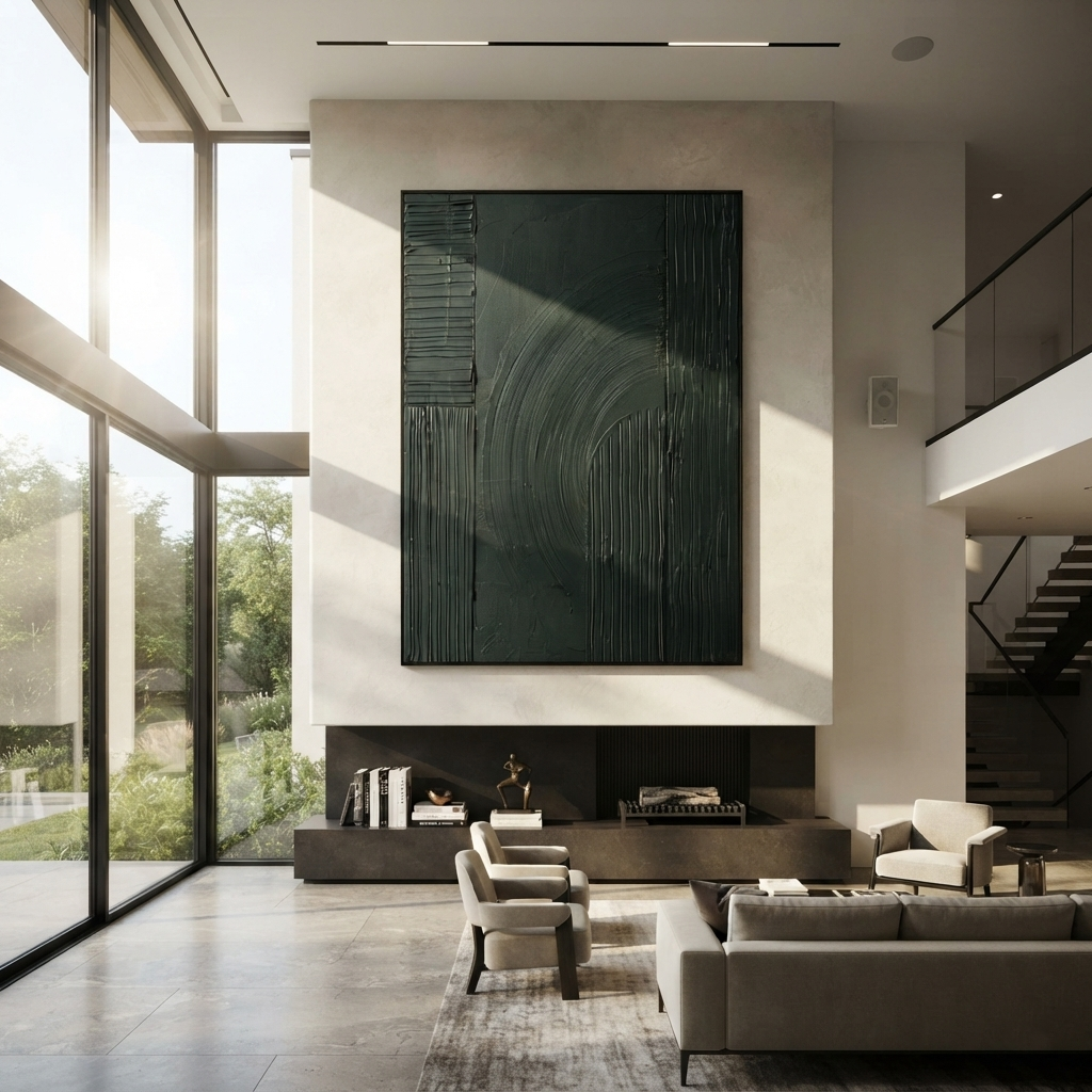 Onyx Verdant Slate Rhythm Space - textured abstract painting displayed in a styled interior
