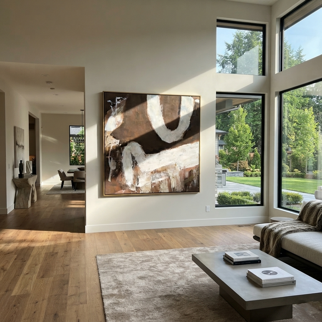 Umber Slate Linen Relief Quiet - textured abstract painting displayed in a styled interior