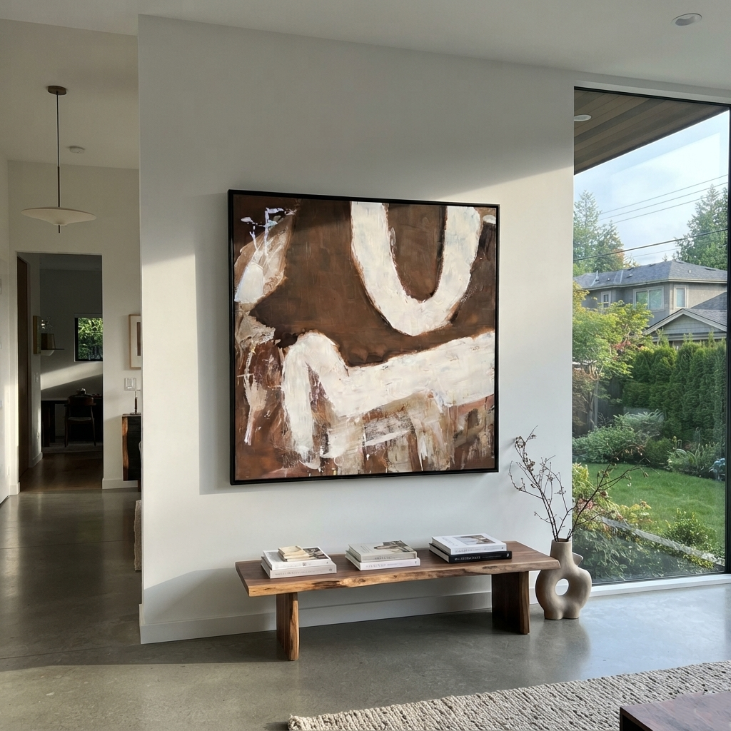 Umber Slate Linen Relief Quiet - textured abstract painting shown in modern room setting 5