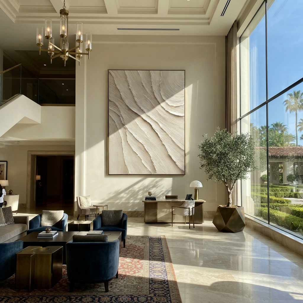 Slate Linen Onyx Strata Form - textured abstract painting displayed in a styled interior