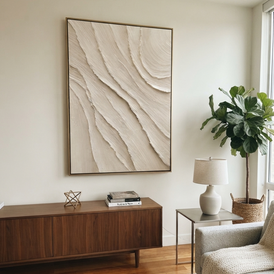 Slate Linen Onyx Strata Form - textured abstract painting shown in modern room setting 4