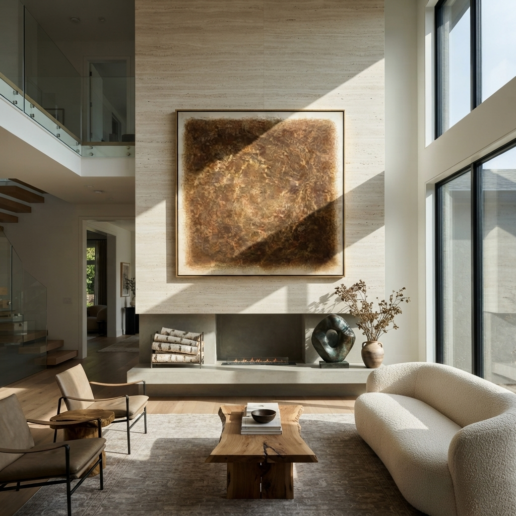 Umber Linen Amber Field Pause - textured abstract painting shown in modern room setting 4