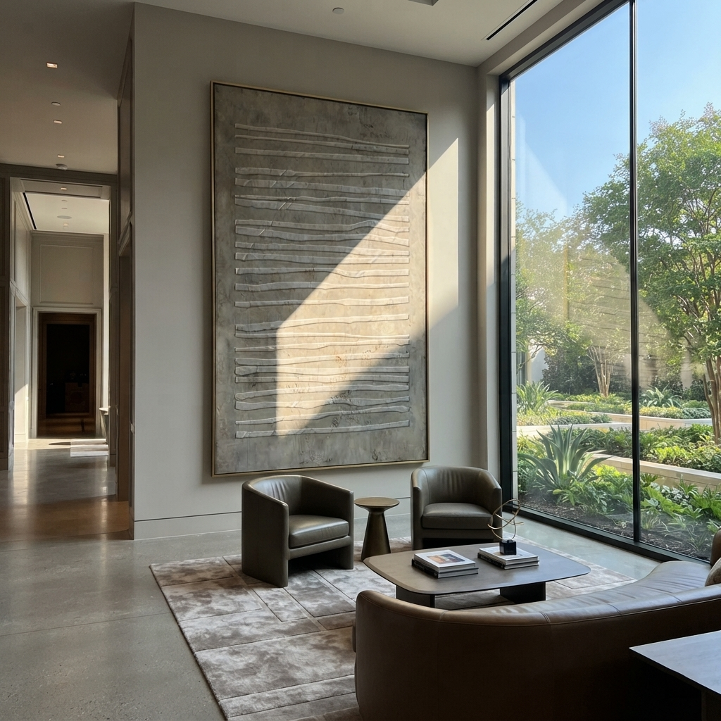 Umber Linen Onyx Passage Balance - textured abstract painting shown in modern room setting 4