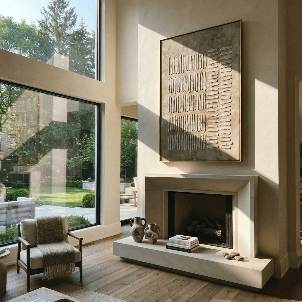 Umber Linen Onyx Tides Resonance - textured abstract painting shown in modern room setting 2