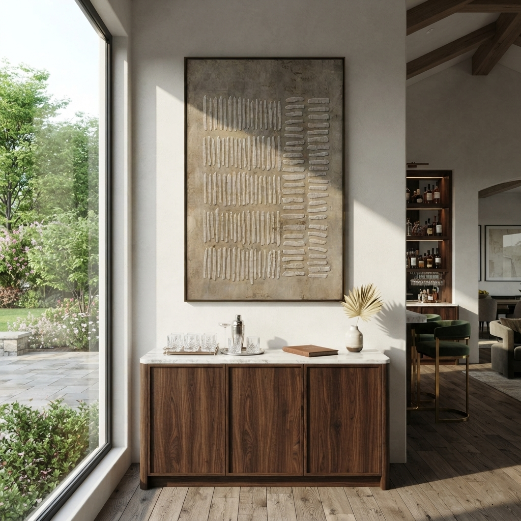 Umber Linen Onyx Tides Resonance - textured abstract painting shown in modern room setting 3