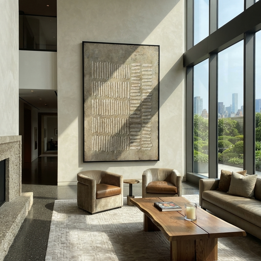 Umber Linen Onyx Tides Resonance - textured abstract painting shown in modern room setting 4