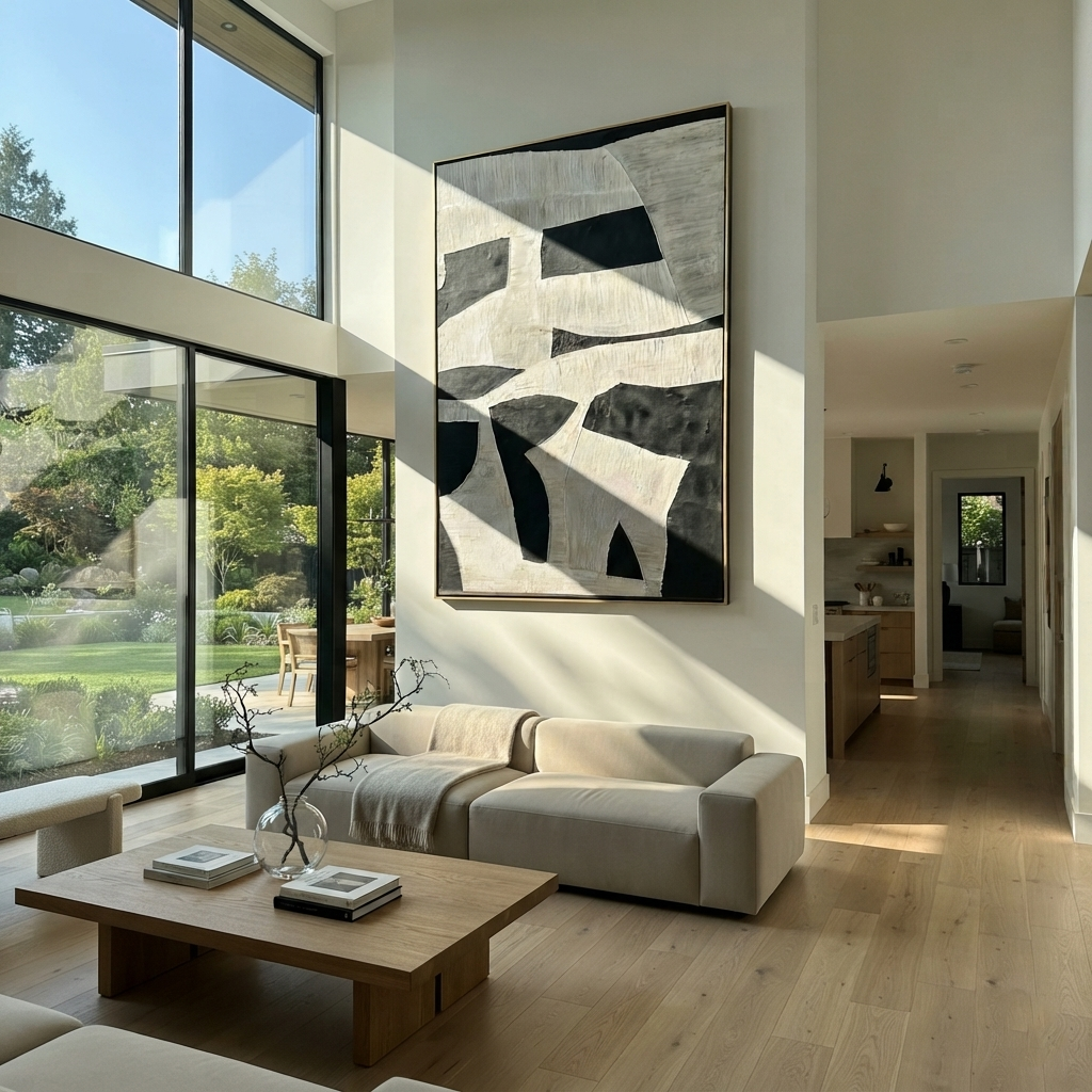 Slate Onyx Linen Intervals Rain - textured abstract painting displayed in a styled interior