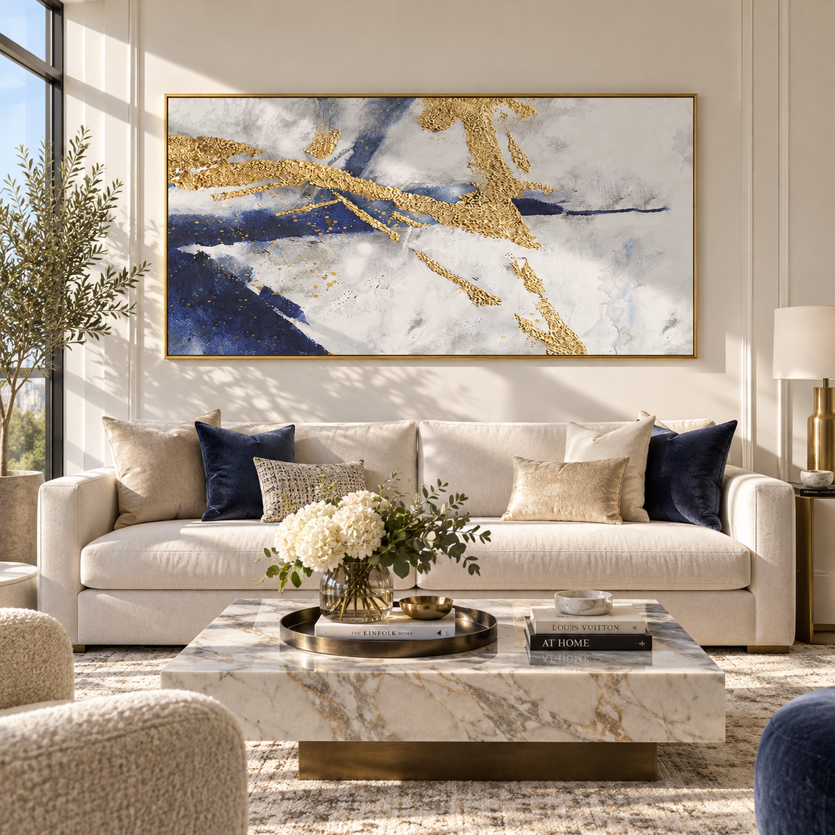 Ivory Slate Azure Contours Dusk - textured abstract painting displayed in a styled interior