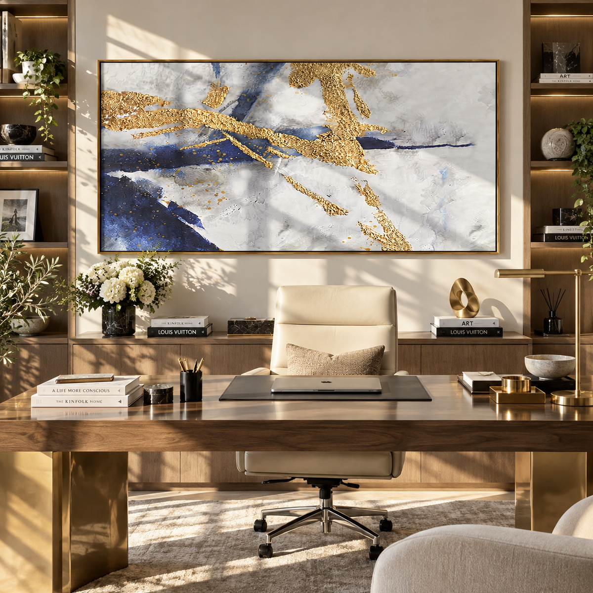 Ivory Slate Azure Contours Dusk - textured abstract painting shown in modern room setting 4
